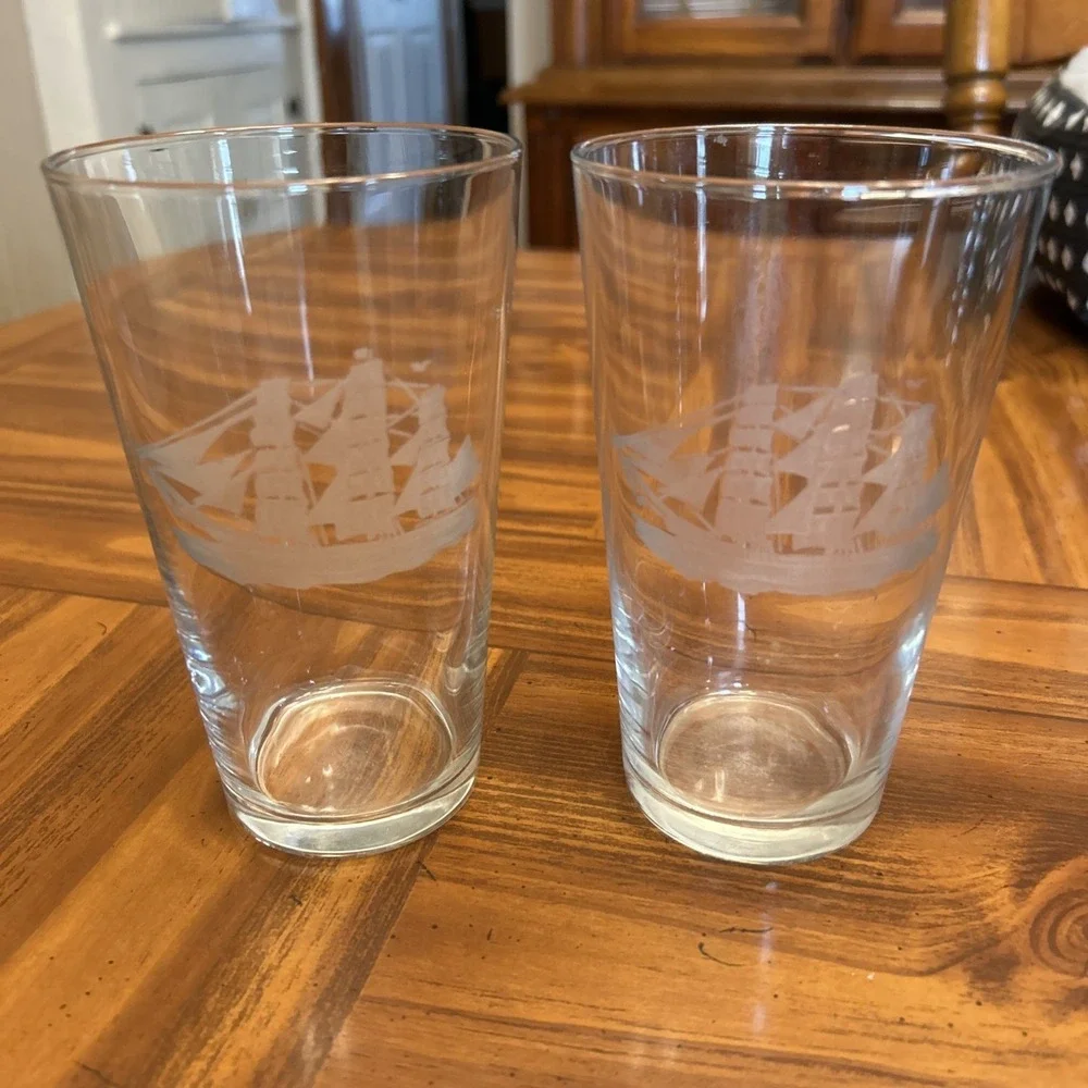 Vintage Clear Glass‎ Beer Glass Tumbler Water Sail Boat Ship Viking Set 2